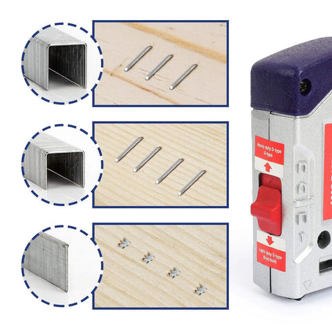 Heavy Duty Galvanized T50 Staples And 18 Gauge Brad Nails 7500 Count Bulk Packs showcased with a pneumatic tool and wood.