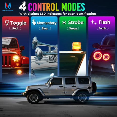 8 Gang Wireless Switch Panel For Off Road Trucks No Drill Slim Design With 4 RGB Control Modes: Toggle, Momentary, Strobe, Flash.