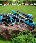 Pole And Cordless Hedge Trimmer 2-In-1 Electric Bush Trimmer displayed on stone with accessories and batteries