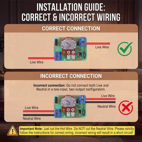 Installation guide for Two Pack Upgraded Inline Dimmer Switch For Lamp Cord Black, showing correct and incorrect wiring connections.