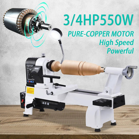 12x18 Inch Wood Lathe With Infinitely Variable Speed 650 To 3800 RPM, Three Quarters Horsepower Benchtop Lathe For Woodworking And Woodturning, Includes Belt And Goggles, Model WL460-12VF, side view with wood piece mounted.