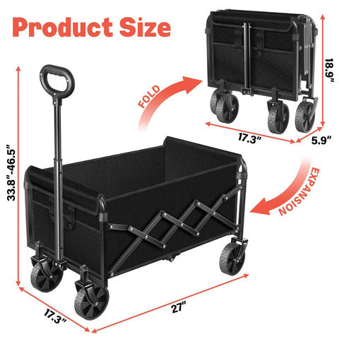 Foldable Wagon Cart With 360 Lb Capacity, Collapsible Wagon On Wheels, 11 lb, black, showing assembly and collapsed dimensions