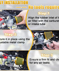 Installation steps for Two Pack 38mm Air Filter for 50cc to 200cc Small Engines, showing attachment to carburetor with clamp