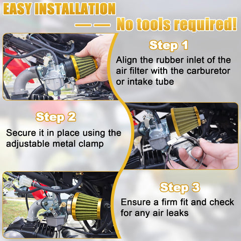 Installation steps for Two Pack 38mm Air Filter for 50cc to 200cc Small Engines, showing attachment to carburetor with clamp