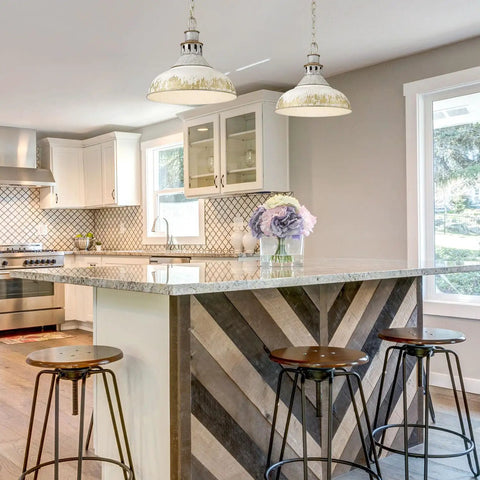 Kinsley Pendant Light In Aged Galvanized Steel for farmhouse kitchen island, rustic charm over island with stools.