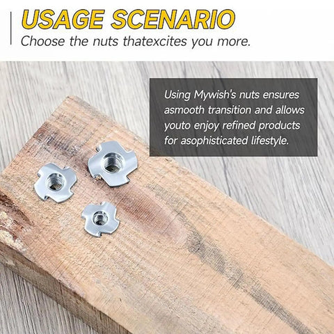 Bulk Pack 210 Units 1/4 20 T Connector coated four point attachments shown on wood