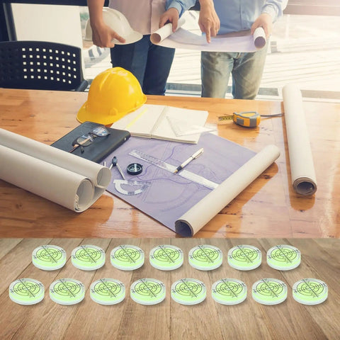 15 Pack 32mm Round for spirit Level for acrylic Bubble Gauge Precision displayed on a workspace with blueprints and tools.