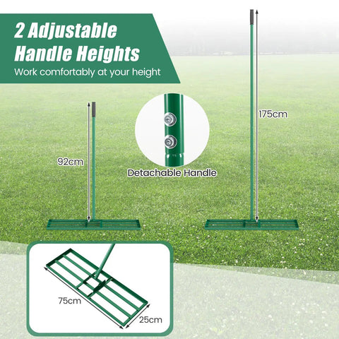 30 By 10 Inch Lawn Leveling Rake For Soil Sand Dirt Beefed Up Heavy Duty Ground Leveler with adjustable handle heights shown.