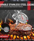 Analog Probe Meat Thermometer Two Pack No Batteries Needed 2.5 Inch Extra Large Dial 120 To 220 F Range NSF Certified shown on steak