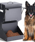 Built Tough Automatic Dog Feeder For Large Breeds Outdoor Gravity Pet Food Dispenser With 25 Pound Capacity beside a dog.