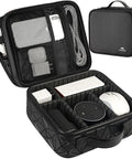 Cord Organizer Case For DJ Gear And Music Equipment With Adjustable Divider, Double Layer Cable Storage Bag open showing contents black