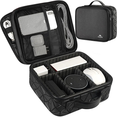 Cord Organizer Case For DJ Gear And Music Equipment With Adjustable Divider, Double Layer Cable Storage Bag open showing contents black