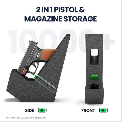 Slick Grab And Go Biometric Bedside Gun Safe For Handguns Super Fast Fingerprint Unlock, showing 2 in 1 pistol and magazine storage.