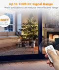 Remote Control Outlet For Indoor Lights And Small Appliances With 3 Outlets Plug In Wall Switch Easy Pre Paired Remote 100ft RF Range No Fuss Lighting Control For Lamps String Lights And More held in hand near a decorated Christmas tree seen through a window.