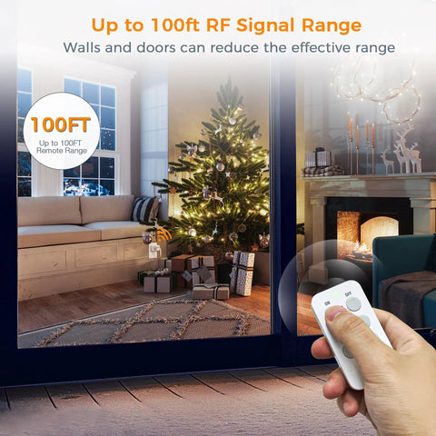 Remote Control Outlet For Indoor Lights And Small Appliances With 3 Outlets Plug In Wall Switch Easy Pre Paired Remote 100ft RF Range No Fuss Lighting Control For Lamps String Lights And More held in hand near a decorated Christmas tree seen through a window.