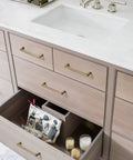 Brushed Brass Cabinet Pulls Set With 12.6 Inch Center To Center Sleek Modern Zinc Alloy Handles for dresser shown in bathroom