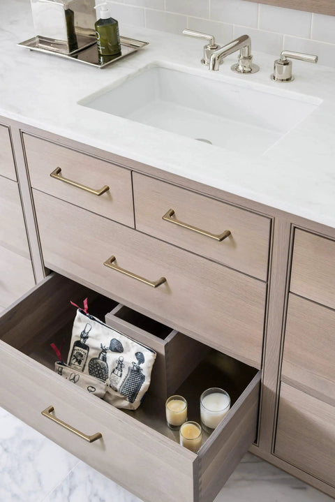 Brushed Brass Cabinet Pulls Set With 12.6 Inch Center To Center Sleek Modern Zinc Alloy Handles for dresser shown in bathroom