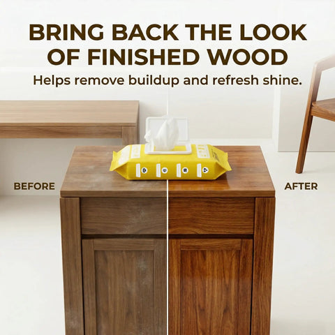 Let Go Of Dust And Grime With These Multi Purpose Wood Cleaning Wipes That Pack A Light Lemon Punch And Make Your Furniture Shine Without Any Extra Hustle on a wooden cabinet.