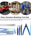 11 Piece Gundam Model Tool Kit For Basic Assembly And Repair Handy Hobby Hand Tools Set displayed with tools and model examples
