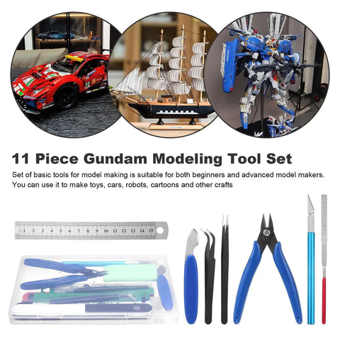 11 Piece Gundam Model Tool Kit For Basic Assembly And Repair Handy Hobby Hand Tools Set displayed with tools and model examples