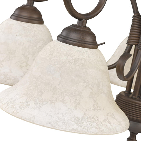 Close-up of Homestead Rubbed Bronze Chandelier with Warm Tea Stone Glass shades, showcasing intricate design details.
