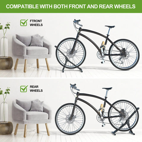 Adjustable Bike Storage Stand For Indoor And Outdoor Use Beefy Yet Lightweight Floor Parking Rack That Holds Mountain And Road Bikes Securely Steady Wheel Holder Easy Assembly For Apartment Garage Or Home Cycling Setup with bike in rack showing front and rear wheel compatibility
