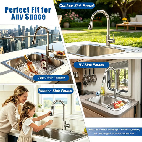 Kick Up Your Kitchen Vibes With This Top Tier Stainless Steel Faucet Boasting A Smooth Pull Down Sprayer That Delivers Zero Drip Action And Hassle Free Spray Modes Straight To Your Sink Setup with family using in kitchen.