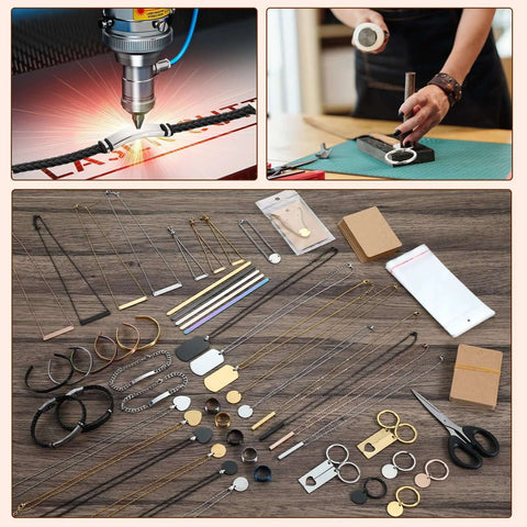 Quelay 99-pc laser engraving jewelry kit; assortment of chains, tags, pendants and keychains for DIY engraving