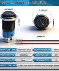 Diagram of 16mm Raised Speaker Horn Momentary Push Button Switch with 12V Blue LED, black stainless steel shell, and prewired connection.