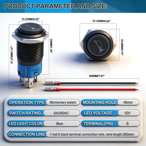Diagram of 16mm Raised Speaker Horn Momentary Push Button Switch with 12V Blue LED, black stainless steel shell, and prewired connection.