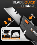 VOTREK box cutter utility knife, 2-in-1 retractable blade with orange release button and blade storage