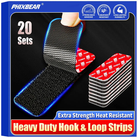 Heavy Duty Hook And Loop Strips Set Of 20 with Super Sticky Back Adhesive, heat resistant and waterproof, in packaging