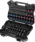 Open case of Pro Grade 153-Piece Impact Socket Set For 1/4 Inch, 3/8 Inch, And 1/2 Inch Drives, Heavy Duty CR-MO Steel, 6-Point Sockets