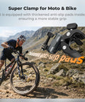 Super Clamp Camera Mount With 360 Degree Dual Ball Head For Bike And Motorcycle Handlebars on bike in mountain terrain.