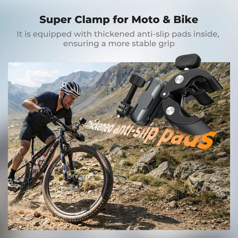 Super Clamp Camera Mount With 360 Degree Dual Ball Head For Bike And Motorcycle Handlebars on bike in mountain terrain.