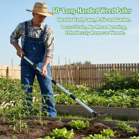 Man using 2 In 1 Weed Puller Tool With Garden Hoe And Weed Rake 60 Inch Adjustable Long Handle Stainless Steel Heavy Duty Manual Weeder in garden
