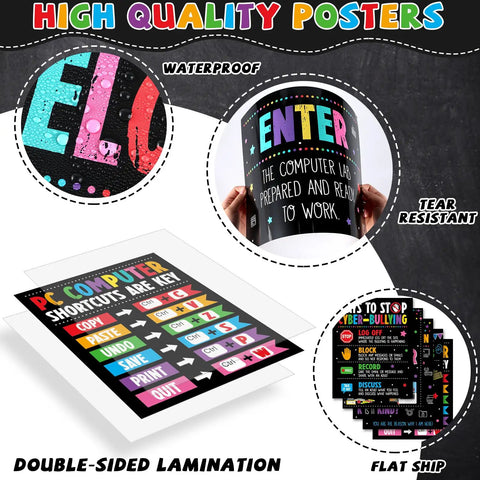 19 Poster Pack for Computer Lab and Computer Science Classrooms showing laminated colorful tech decor with keyboard shortcuts.
