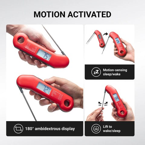 Ultra Fast Digital Meat Thermometer with 0.5 Second Instant Read NIST Certified Accuracy IP67 Waterproof, red design shown.