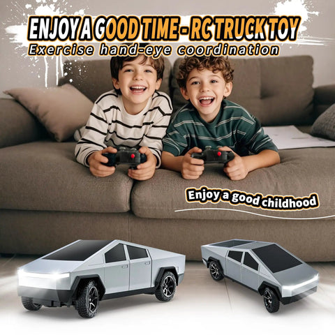 Children playing with All Terrain 2.4GHz RC Truck for Kids, electric vehicle styling, with high grip tires.