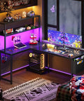 L Shaped Gaming Desk With LED Lighting And Built In Power Outlets, Reversible Corner Computer Table With Storage Shelves