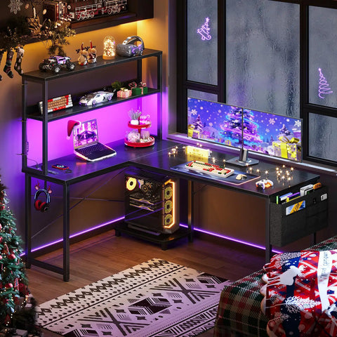 L Shaped Gaming Desk With LED Lighting And Built In Power Outlets, Reversible Corner Computer Table With Storage Shelves