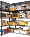 72 Inch Wide Wire Shelving Rack, Heavy Duty 1750 Lbs Capacity, 16 Inch Deep, 76 Inch High, L Shaped Storage Shelves For Garage, Warehouse, Pantry, Basement Organization loaded with pantry items