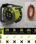 80 Foot Retractable Cord Reel With Winding Handle 4 Grounded Outlets 13 Amp 14 AWG Cable Safety Overload Breaker And Power Switch LED Indicator Portable Extension Lead For Home Garage And Job Site On The Go displayed.