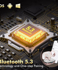 Bluetooth 5.3 chip with wireless sports buds, highlighting the LED power display for 80 hours playtime, rose gold design.