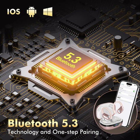 Bluetooth 5.3 chip with wireless sports buds, highlighting the LED power display for 80 hours playtime, rose gold design.