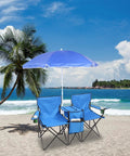 Folding Double Camping Chair With Detachable Umbrella Ice Bag Cup Holder Built In Cooler Bag Beach Patio Pool Park Outdoor Blue