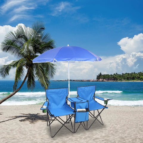 Folding Double Camping Chair With Detachable Umbrella Ice Bag Cup Holder Built In Cooler Bag Beach Patio Pool Park Outdoor Blue