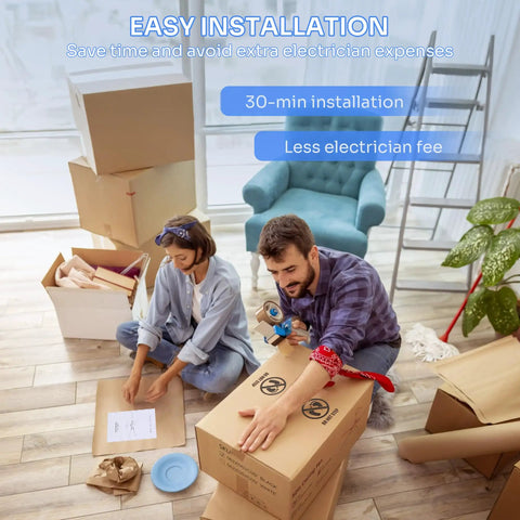 Couple sitting among moving boxes, assembling a 52 Inch Modern Ceiling Fan With Lights And Remote Control, Quiet DC Reversible Motor, Noiseless Performance, 3CCT LED Lighting, The Perfect Upgrade For Your Cozy Pad Bedroom Or Living Room Indoors Or Outdoors. Image emphasizes easy installation.