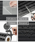 Hella Sleek Black Metallic Stripe Wall Panels With Self Adhesive Backing And Sound Absorbing Foam demonstrating self-adhesive application, easy cutting, waterproof features.