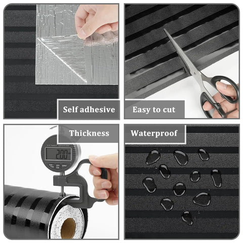 Hella Sleek Black Metallic Stripe Wall Panels With Self Adhesive Backing And Sound Absorbing Foam demonstrating self-adhesive application, easy cutting, waterproof features.